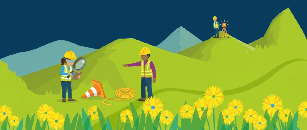 Illustration of safety staff inspecting a site with a magnifying glass