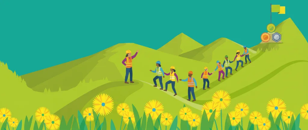 Illustration of workers climbing toward a flag and rewards, representing safety incentive plans